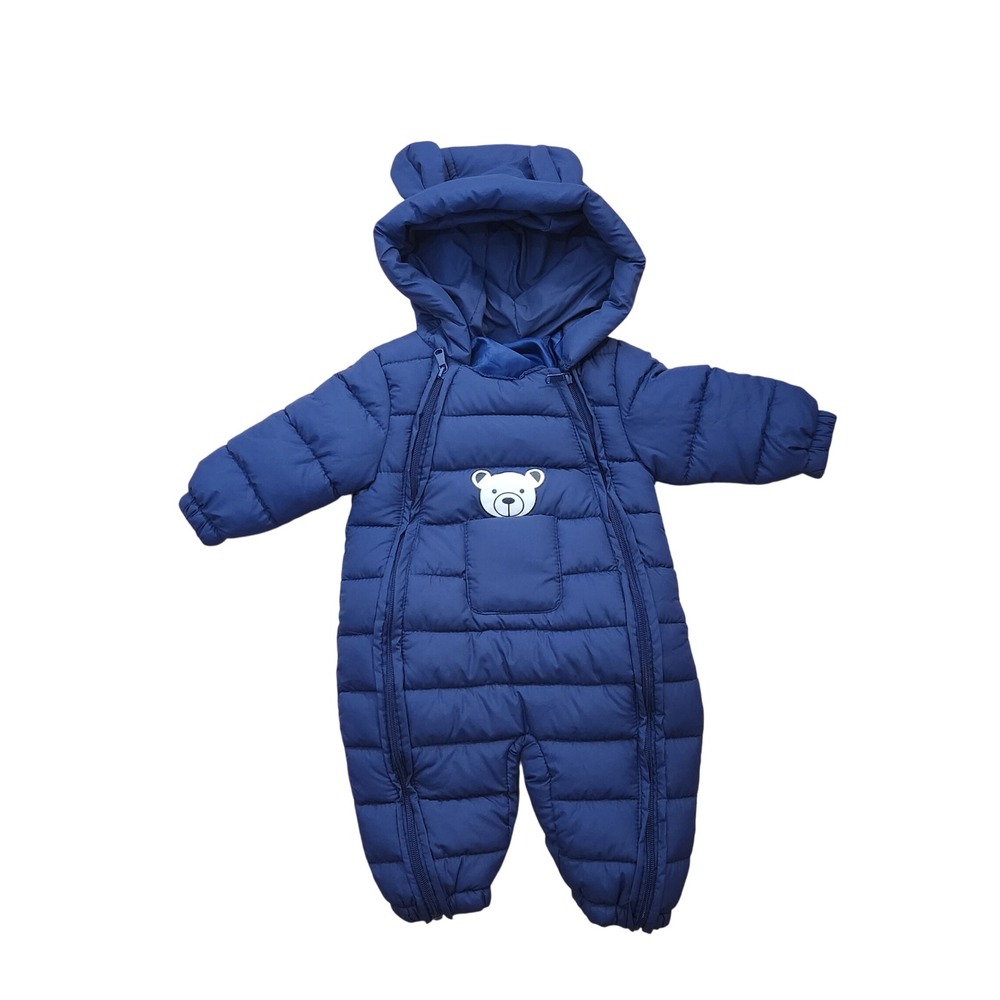 Kids Blue Bear Hooded Puffer Snowsuit Bunting Winter‎ Outfit Size 6-12M
